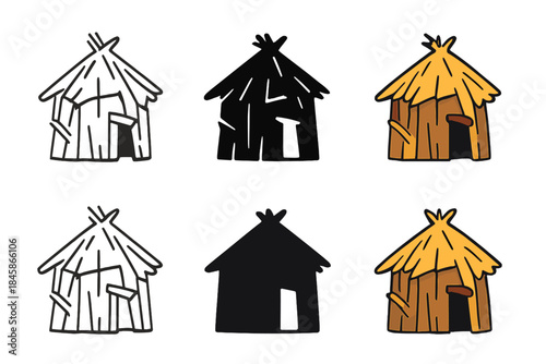 Tribal Hut Icons. Small tribal hut constructed from scrap timber and planks, minimal vector icon, first in line style with thin