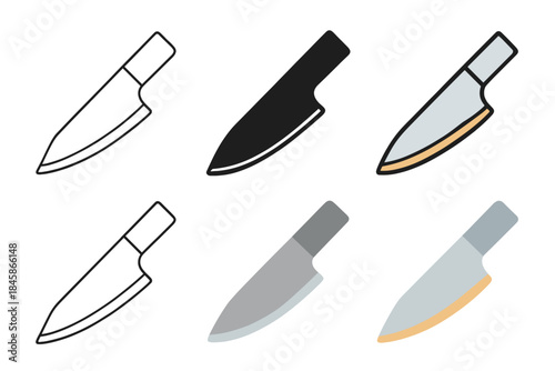 Knife Grind Variations. Knife blade showing precise grind geometry with clear bevel lines, minimal vector icon, first in line