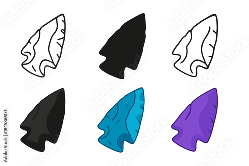 Obsidian Arrowhead Styles. Obsidian arrowhead angled to show thickness and sharp edge, abstract minimalist vector illustration,