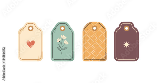Collection of four decorative gift tags with unique designs and muted colors