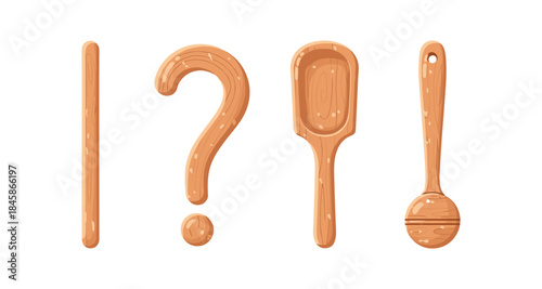 Wooden exclamation mark, question mark, and spoons on a white background