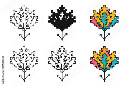 Digital Fractal Bloom. Fractal-inspired flower bloom made of pixel petals and wire stems, visual metaphor for evolving artificial