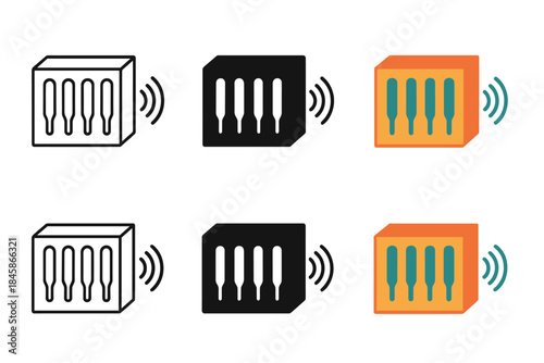 Acoustic Chamber Icon. Minimal icon of resonating chamber array within solid block, acoustic filtering pattern expressed through