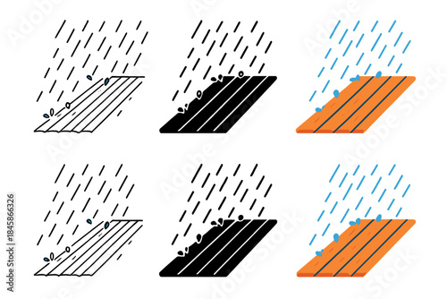 Rain on Metal Roof. Diagonal roof section under steady rain, droplets bouncing and sliding along metal grooves, calm atmospheric