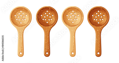 Four wooden slotted spoons with holes for draining liquids in a row
