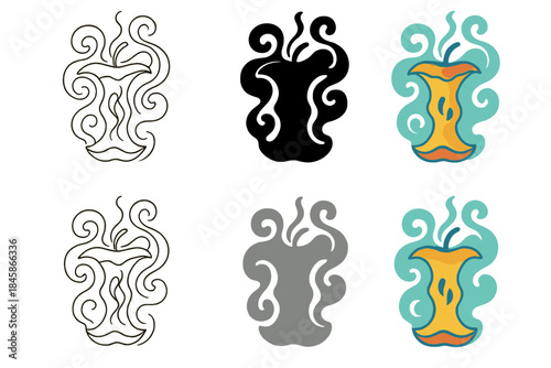 Apple Core Essence. Abstract swirling smoke pattern resembling apple core silhouette, visual metaphor for essence and aroma,
