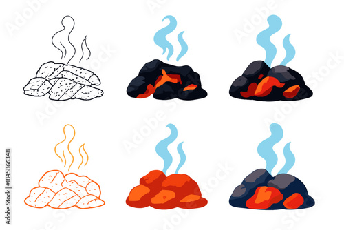 Glowing Peat Embers. Close-up of glowing peat embers releasing faint blue smoke, clean organic composition evoking quiet evening