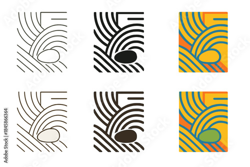 Zen Pattern Harmony. Abstract zen pattern merging curved and straight raked lines around a single stone, visual meditation in