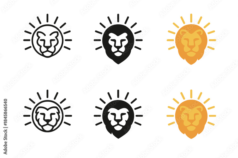 Fototapeta premium Radiant Lion Icon Set. Lion head framed by radiant sun rays forming a circular crown, minimalist vector icon set, first in line