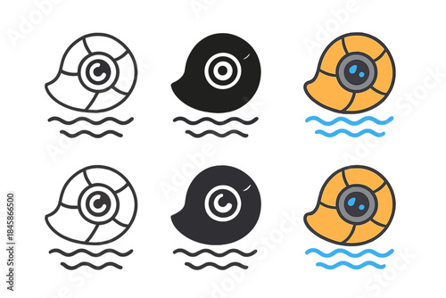 Spiral Seashell Camera Icons. Camera lens shaped like a spiral seashell with soft wave patterns around, minimalist vector icon set