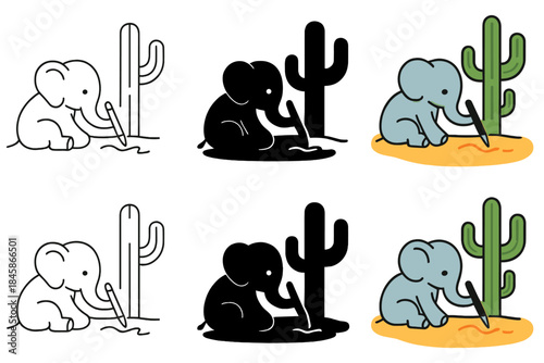 Elephant Writes in Sand. Elephant writing in sand with a pen while a cactus casts shade nearby, smooth modern vector illustration,