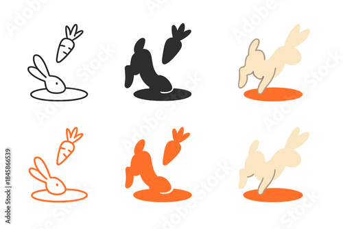 Rabbit and Floating Carrot. Rabbit diving into a hole leaving a floating carrot behind, elegant minimal vector design, first in