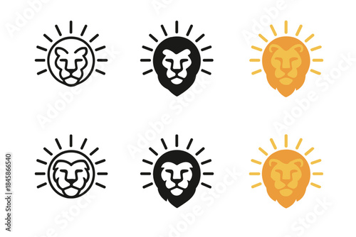 Radiant Lion Icon Set. Lion head framed by radiant sun rays forming a circular crown, minimalist vector icon set, first in line