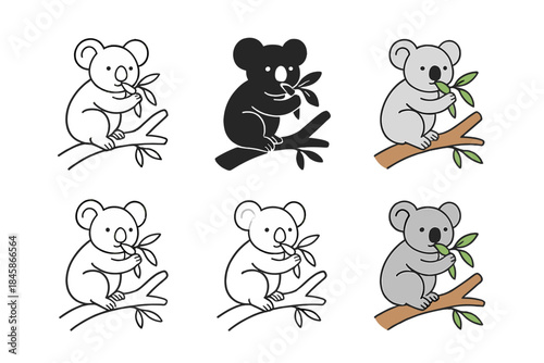 Koala Vector Styles. Koala sitting on a eucalyptus tree branch chewing a leaf, elegant minimal vector design, first in line style