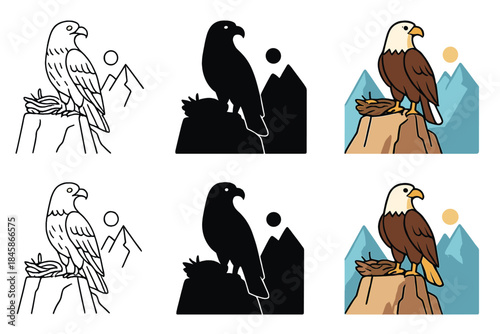 Eagle Cliff Guardianship. Eagle standing guard near its nest built on a tall mountain cliff, smooth modern vector illustration,