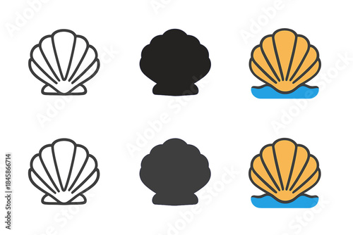 Stylized Clam Shell Icons. Clam Shell Hidden, clean modern icon showing the curve of the ocean’s mystery in soft simplicity, first