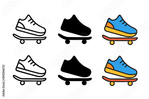 Dynamic Skateboard Shoe Icons. Skateboard Park Shoe, clean modern icon showing dynamic posture and smooth balance in motion, first
