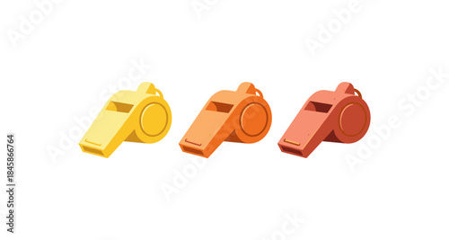 Three colorful whistles in yellow, orange, and red arranged in a row