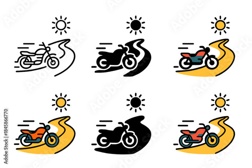 Motorcycle on Bold Desert. Motorcycle Desert Road, bold travel icon showing a motorcycle speeding along a winding desert road