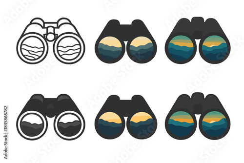Layered Mountains Through Binoculars. Binocular lens reflecting layered mountain landscape, glowing horizon line, first in line