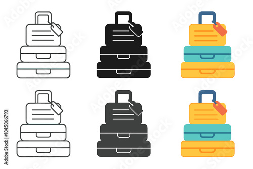 Creative Suitcase Designs. Stacked suitcases with single dangling tag on top handle, faint luggage marks, first in line style with