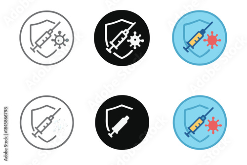 Vaccine Design Evolution. Minimal syringe silhouette inside circular shield, virus outline fading into background, first in line