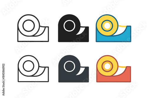 Tape Dispenser Evolution. Tape dispenser side view showing circular roll and cutting edge, precise functional form, first in line