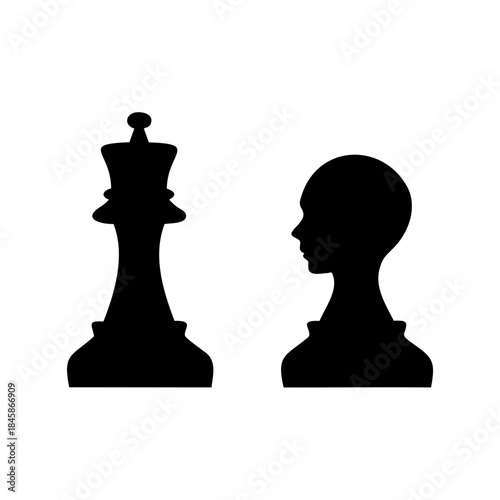Chess queen silhouette facing a human head profile representing strategy and intelligence