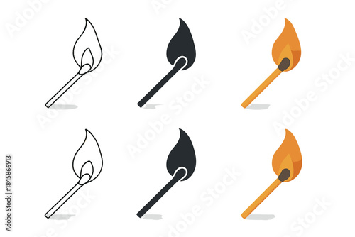 Matchstick Flame Variations. Burning matchstick angled upward with flame curve and soft shadow, elegant composition, first in line