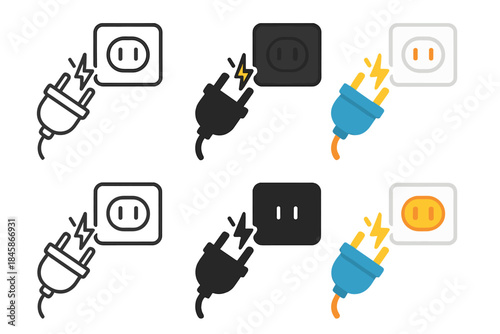 Stylized Plug Connection. Plug hovering near socket with small spark of connection, minimal geometric clarity, first in line style