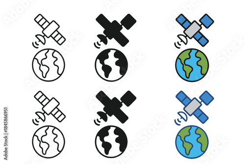 Satellite Communication Styles. Satellite above Earth globe sending communication beams downward, simple orbital form, first in