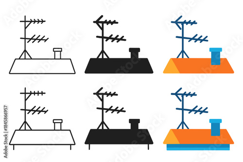 Stylized Rooftop Antennas. Rooftop with multiple antennas under the sky, first in line style with thin outline, second in solid