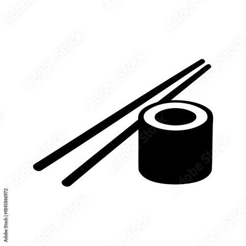 Minimalist black and white icon illustrating a sushi maki roll with accompanying chopsticks