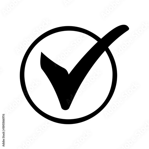 A prominent black checkmark contained within a circular outline on a white background