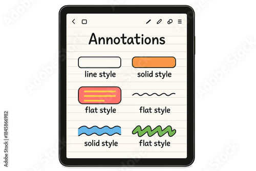 Diverse Note-Taking Styles. Tablet showing note-taking app with colorful annotations, first in line style with thin outline,