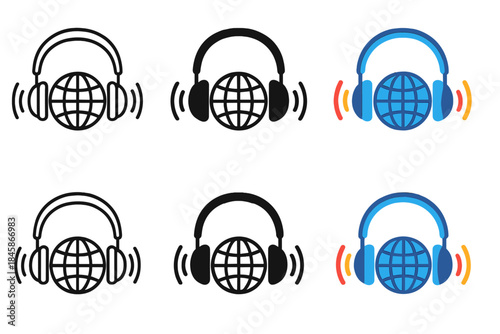 Colorful Sound Waves. Headphones emitting colorful sound waves across a globe, first in line style with thin outline, second in