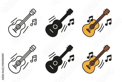 Guitar Icons Evolution. Pick and guitar icon with strumming motion lines and musical notes, first in line style with thin outline,