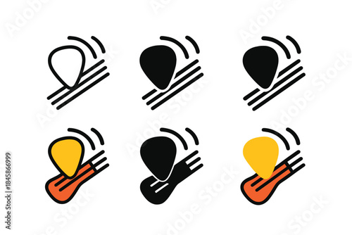 Guitar Icon Styles. Guitar pick icon hitting electric guitar strings with sound waves, first in line style with thin outline,