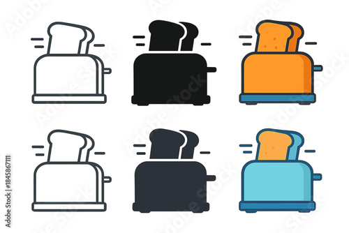 Toaster Icons Collection. Stylized toaster icon with bread slices mid-pop and motion streaks, first in line style with thin
