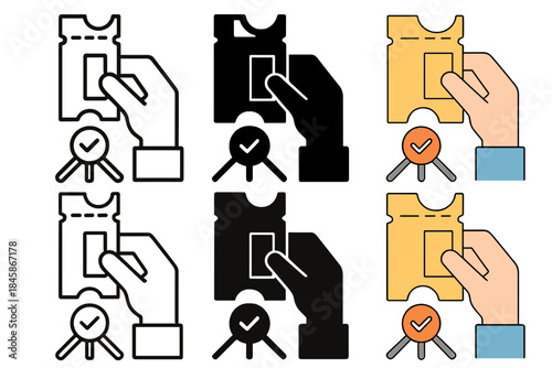 Ticket Styles Evolution. Hand holding ticket stub near entry turnstile first in line style with thin outline, second in solid