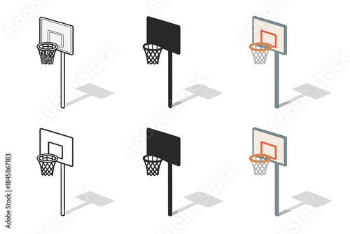 Street Hoops Art Series. Street basketball hoop casting long shadow first in line style with thin outline, second in solid style