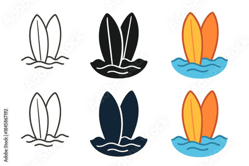 Colorful Surfboards by Waves. Pair of surfboards resting near rolling waves first in line style with thin outline, second in solid