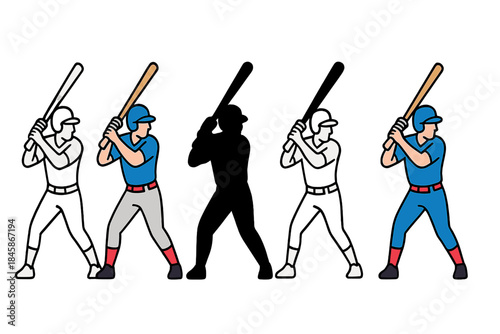 Baseball Player Styles. Player holding bat ready in hitting stance first in line style with thin outline, second in solid style