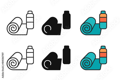 Yoga Mat Styles. Rolled yoga mat beside water bottle first in line style with thin outline, second in solid style filled shape,