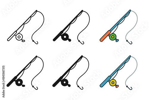 Stylized Fishing Rods. Rod Reel Cast first in line style with thin outline, second in solid style filled shape, third in flat