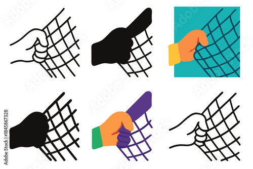 Stylized Mesh Variations. Net Mesh Pull first in line style with thin outline, second in solid style filled shape, third in flat