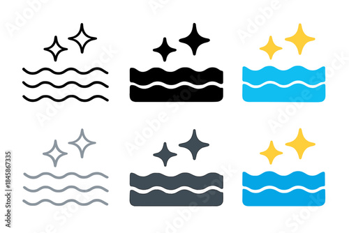 Diverse Water Design Styles. Water Surface Shine first in line style with thin outline, second in solid style filled shape, third