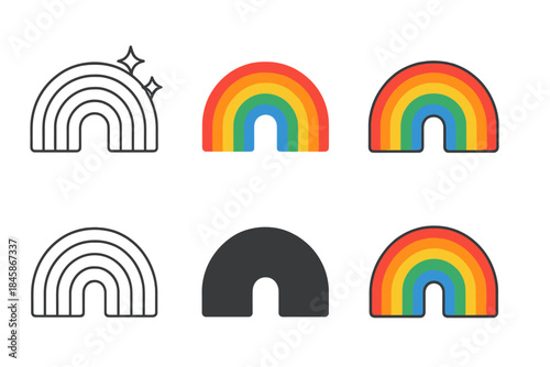 Colorful Rainbow Patterns. Rainbow Arc Shine first in line style with thin outline, second in solid style filled shape, third in