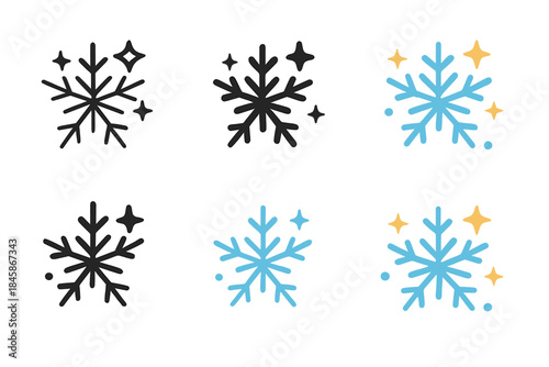 Colorful Snowflake Styles. Snowflake Frost Shine first in line style with thin outline, second in solid style filled shape, third