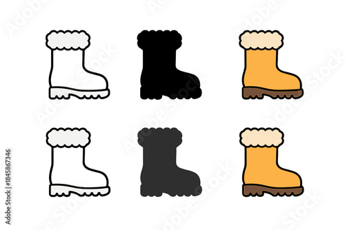 Stylish Boot Styles. Boot Fur Step first in line style with thin outline, second in solid style filled shape, third in flat style